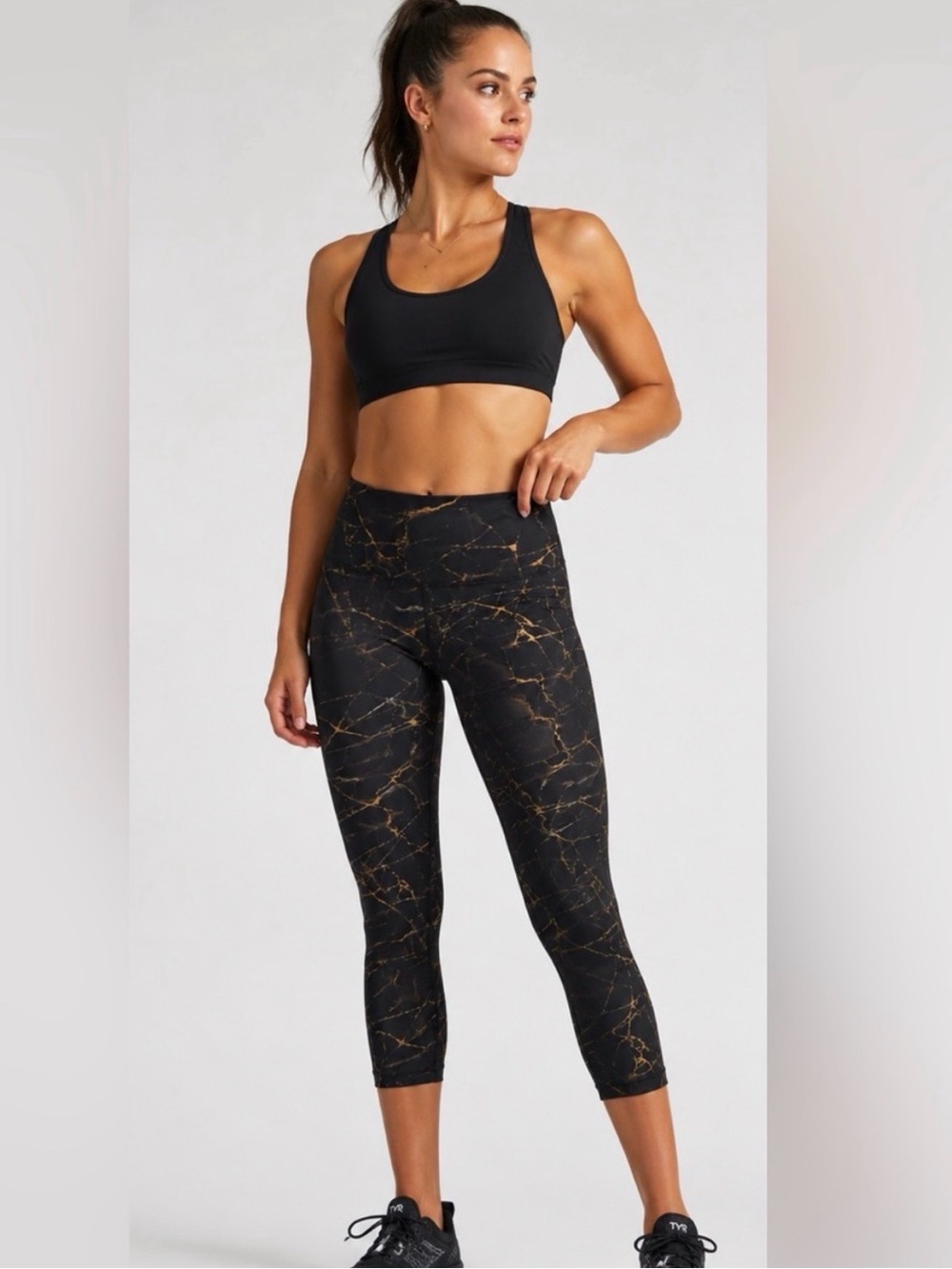 NWT TYR Goldstone High Rise 3/4 Leggings Black Gold Marble Print Size L 10/12